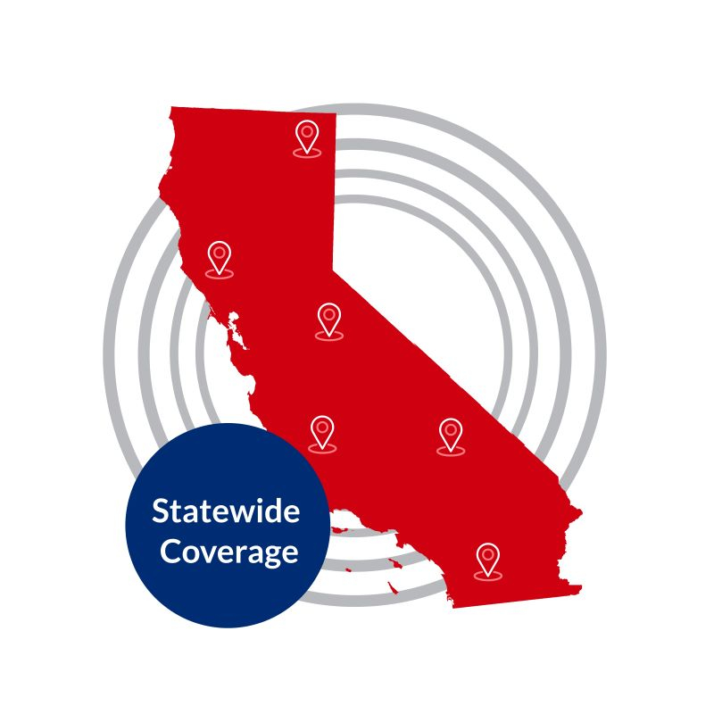 MAp of california with random pins and a bubble saying sttewide coverage